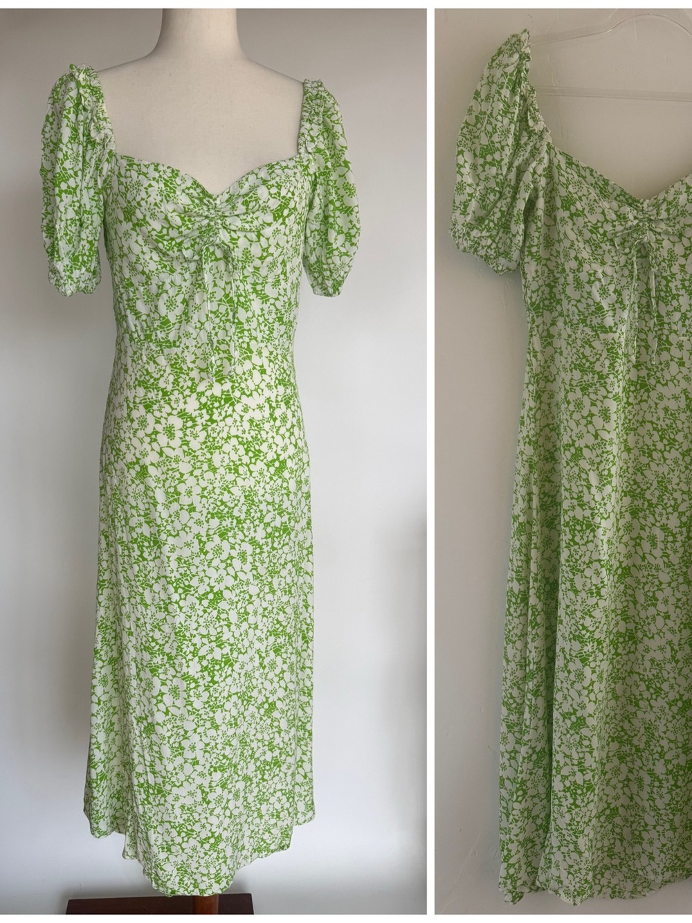 Faithfull The Brand NWT Juniper Midi Dress L Green Floral Puff Sleeve Smocked